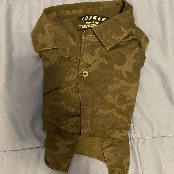 Topman Stretch Fit Muscle Button Up Shirt in Black Camo - Picture 1 of 1